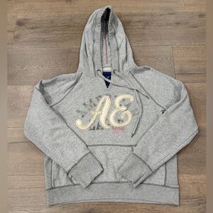 American Eagle Y2K Vintage Heather Grey Embroided Hoodie Sweatshirt